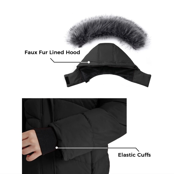 Wantdo Kids' Black Fleece-Lined Winter Parka (Size 10-12) Black Faux Fur Hood - Picture 7 of 16